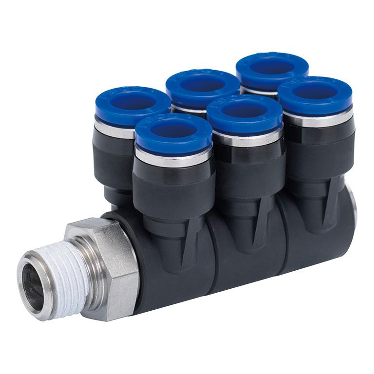 Đầu Nối Nhanh Khí Nén Sáu Nhánh Cong 90° Thân Lục Giác Trụ Ren Ngoài Pisco SPAT6-02