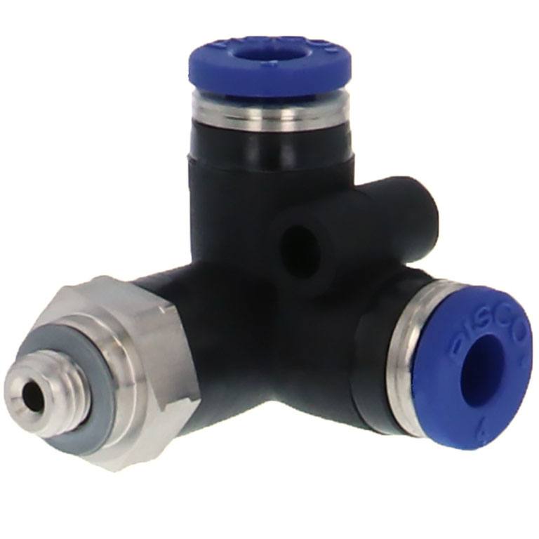 Đầu Nối Nhanh Khí Nén Hai Nhánh Chạc Ba Cong 90° Ren Ngoài Pisco PVX6-M5SUS