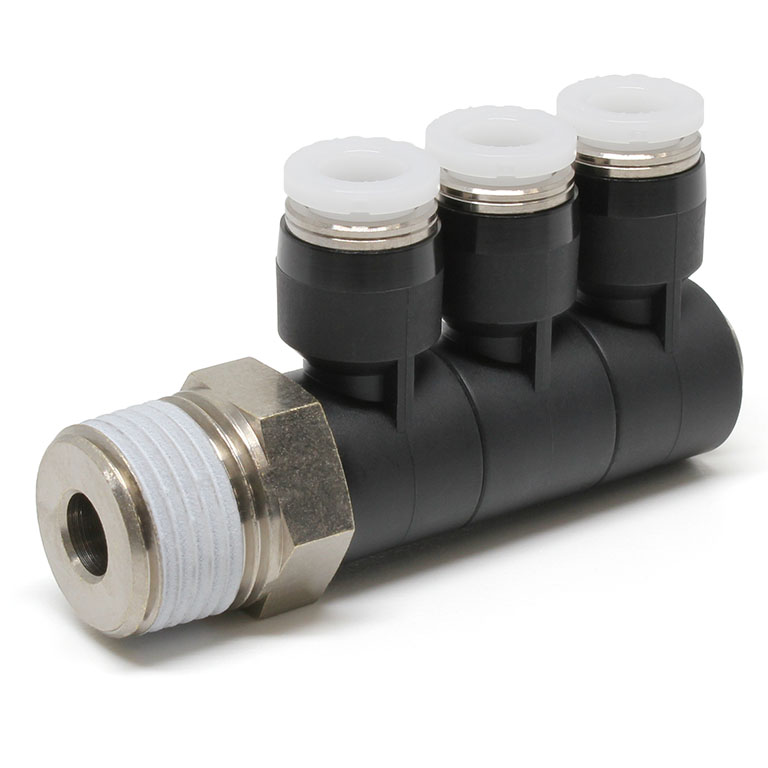 Đầu Nối Nhanh Khí Nén Ba Nhánh Cong 90° Thân Lục Giác Trụ Ren Ngoài Pisco PHT1/4-03W