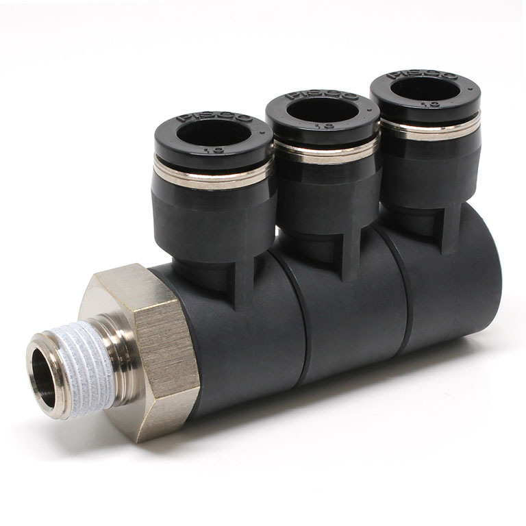 Đầu Nối Nhanh Khí Nén Ba Nhánh Cong 90° Thân Lục Giác Trụ Ren Ngoài Pisco PHT10-02-C