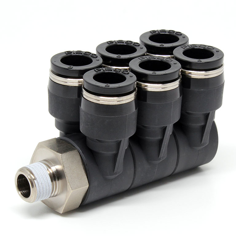 Đầu Nối Nhanh Khí Nén Sáu Nhánh Cong 90° Thân Lục Giác Trụ Ren Ngoài Pisco PAT8-01