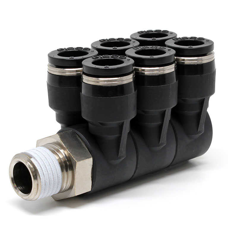 Đầu Nối Nhanh Khí Nén Sáu Nhánh Cong 90° Thân Lục Giác Trụ Ren Ngoài Pisco PAT8-02