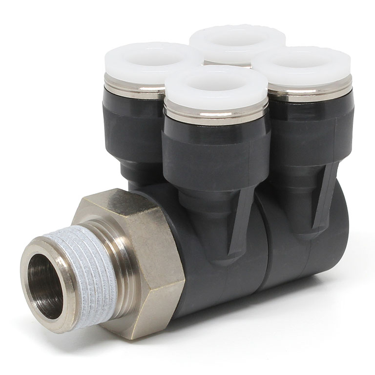 Đầu Nối Nhanh Khí Nén Bốn Nhánh Cong 90° Thân Lục Giác Trụ Ren Ngoài Pisco PAW3/8-N3U