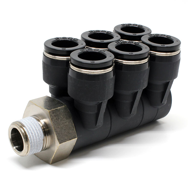 Đầu Nối Nhanh Khí Nén Sáu Nhánh Cong 90° Thân Lục Giác Trụ Ren Ngoài Pisco PAT12-03W