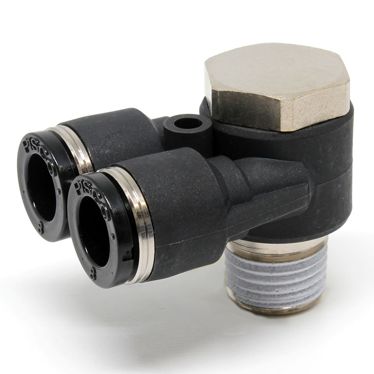 Đầu Nối Nhanh Khí Nén Hai Nhánh Cong 90° Đầu Lục Giác Trụ Ren Ngoài Pisco PA8-02W