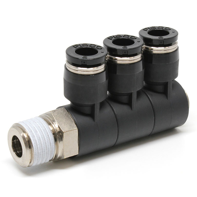 Đầu Nối Nhanh Khí Nén Ba Nhánh Cong 90° Thân Lục Giác Trụ Ren Ngoài Pisco PHT6-02W