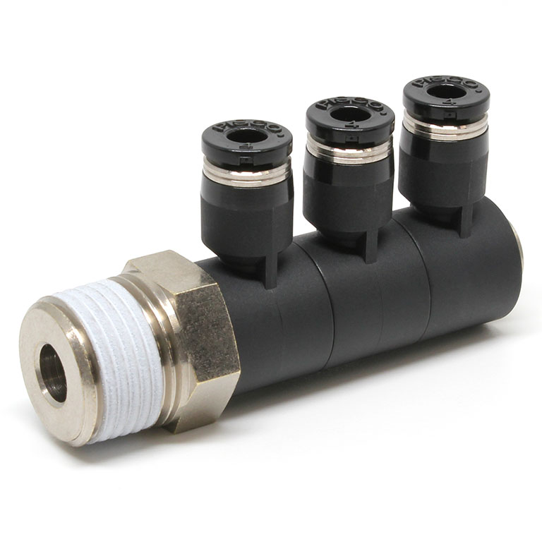 Đầu Nối Nhanh Khí Nén Ba Nhánh Cong 90° Thân Lục Giác Trụ Ren Ngoài Pisco PHT4-03