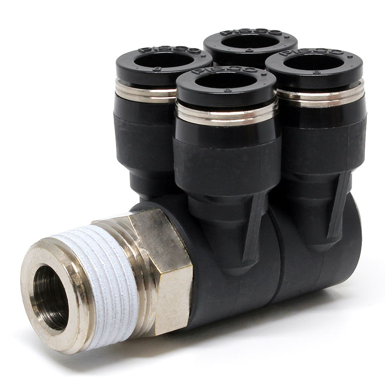 Đầu Nối Nhanh Khí Nén Bốn Nhánh Cong 90° Thân Lục Giác Trụ Ren Ngoài Pisco PAW8-03-C