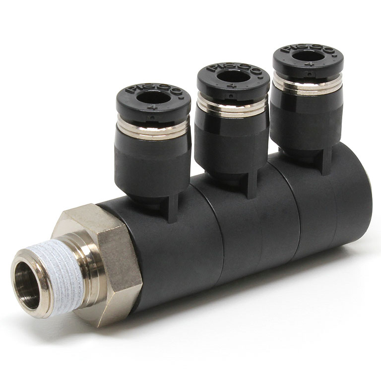 Đầu Nối Nhanh Khí Nén Ba Nhánh Cong 90° Thân Lục Giác Trụ Ren Ngoài Pisco PHT5/32-N1U