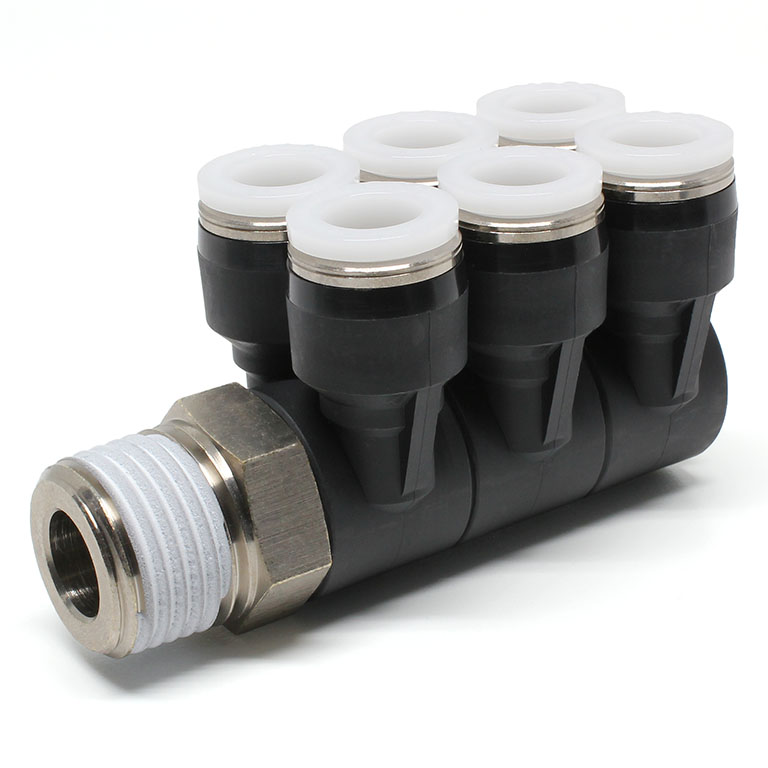 Đầu Nối Nhanh Khí Nén Sáu Nhánh Cong 90° Thân Lục Giác Trụ Ren Ngoài Pisco PAT3/8-N4U