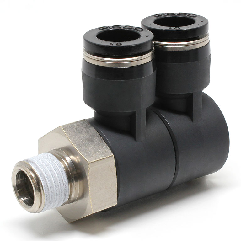 Đầu Nối Nhanh Khí Nén Hai Nhánh Cong 90° Thân Lục Giác Trụ Ren Ngoài Pisco PHW10-02