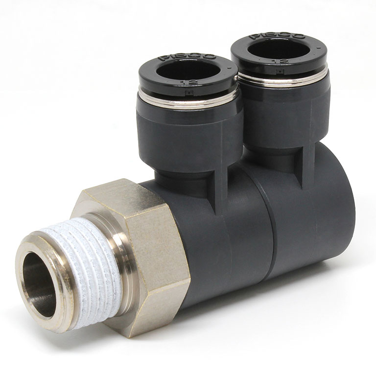 Đầu Nối Nhanh Khí Nén Hai Nhánh Cong 90° Thân Lục Giác Trụ Ren Ngoài Pisco PHW12-04