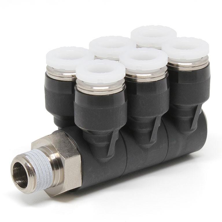 Đầu Nối Nhanh Khí Nén Sáu Nhánh Cong 90° Thân Lục Giác Trụ Ren Ngoài Pisco PAT5/32-N1U