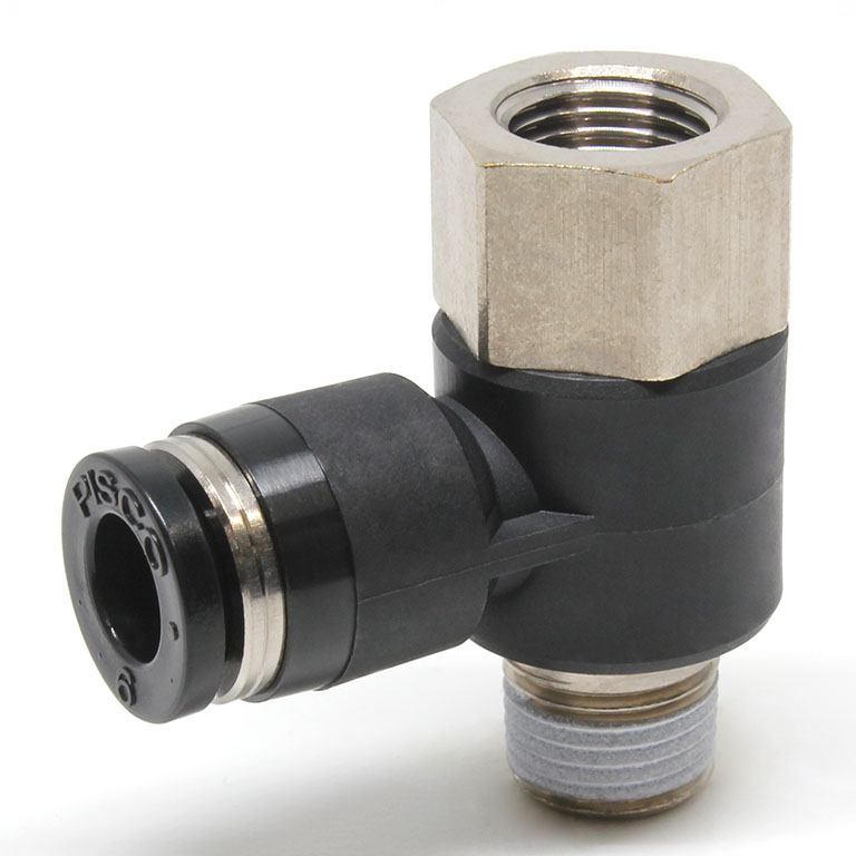 Đầu Nối Nhanh Khí Nén Cong 90° Đầu Lục Giác Trụ Ren Đực Cái Pisco PHF6-01-C
