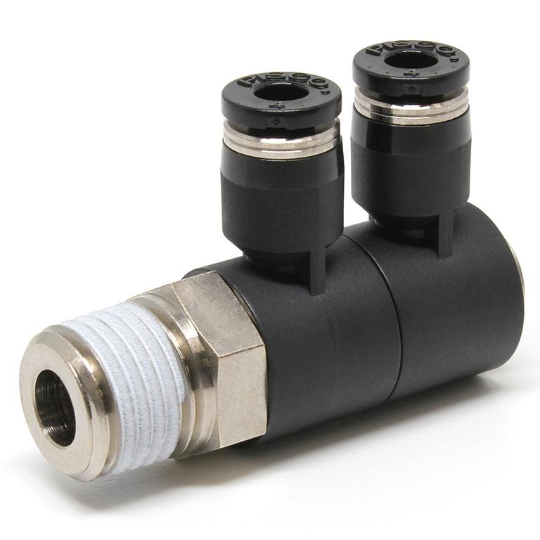 Đầu Nối Nhanh Khí Nén Hai Nhánh Cong 90° Thân Lục Giác Trụ Ren Ngoài Pisco PHW4-02