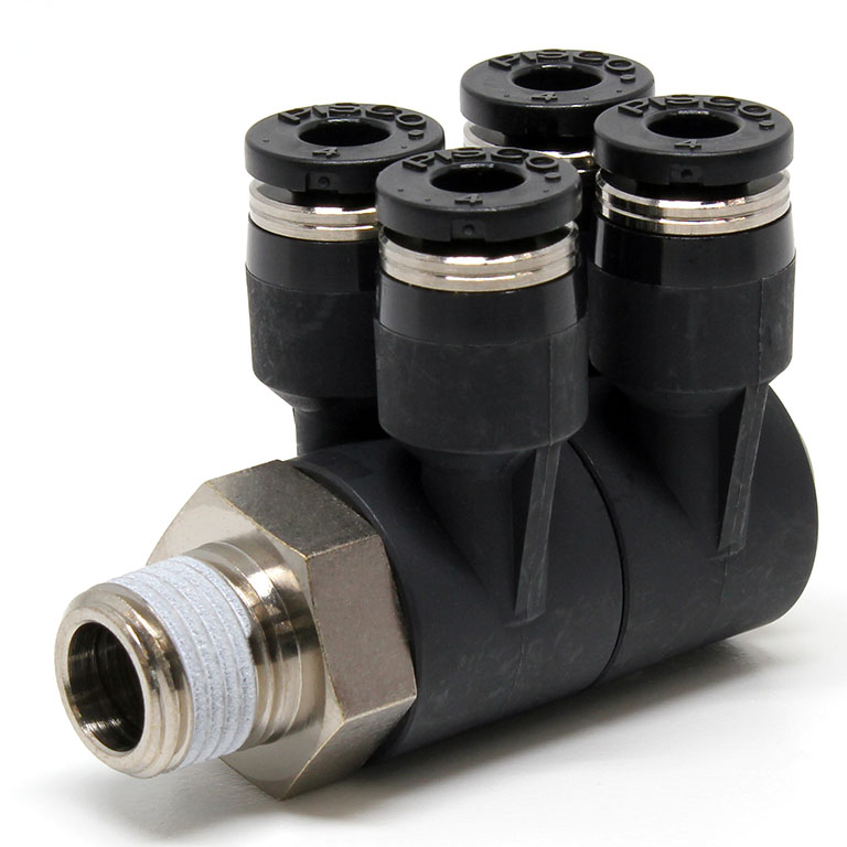 Đầu Nối Nhanh Khí Nén Bốn Nhánh Cong 90° Thân Lục Giác Trụ Ren Ngoài Pisco PAW4-01