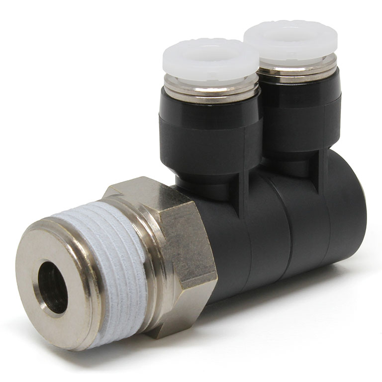 Đầu Nối Nhanh Khí Nén Hai Nhánh Cong 90° Thân Lục Giác Trụ Ren Ngoài Pisco PHW1/4-03-C