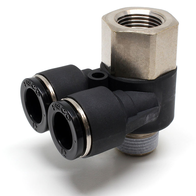 Đầu Nối Nhanh Khí Nén Hai Nhánh Cong 90° Đầu Lục Giác Trụ Ren Đực Cái Pisco PAF12-03