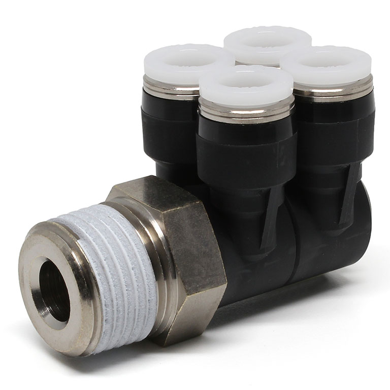 Đầu Nối Nhanh Khí Nén Bốn Nhánh Cong 90° Thân Lục Giác Trụ Ren Ngoài Pisco PAW5/16-N4U