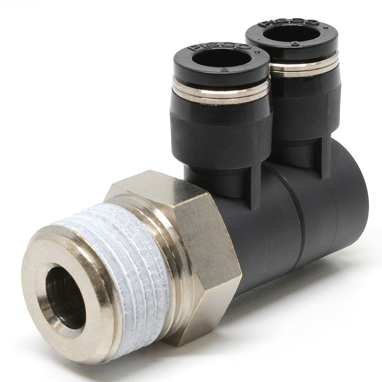 Đầu Nối Nhanh Khí Nén Hai Nhánh Cong 90° Thân Lục Giác Trụ Ren Ngoài Pisco PHW8-04W