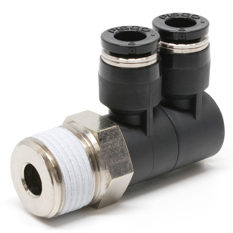 Đầu Nối Nhanh Khí Nén Hai Nhánh Cong 90° Thân Lục Giác Trụ Ren Ngoài Pisco PHW6-03W