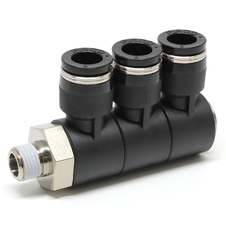 Đầu Nối Nhanh Khí Nén Ba Nhánh Cong 90° Thân Lục Giác Trụ Ren Ngoài Pisco PHT8-01