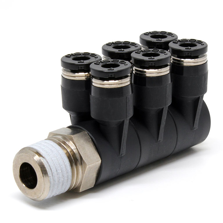 Đầu Nối Nhanh Khí Nén Sáu Nhánh Cong 90° Thân Lục Giác Trụ Ren Ngoài Pisco PAT4-02W