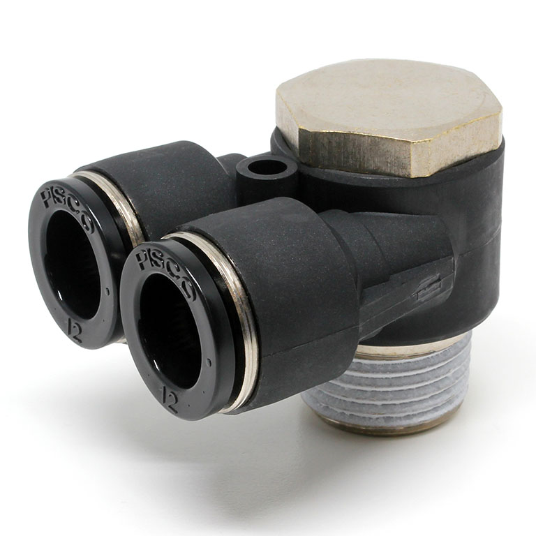 Đầu Nối Nhanh Khí Nén Hai Nhánh Cong 90° Đầu Lục Giác Trụ Ren Ngoài Pisco PA12-04