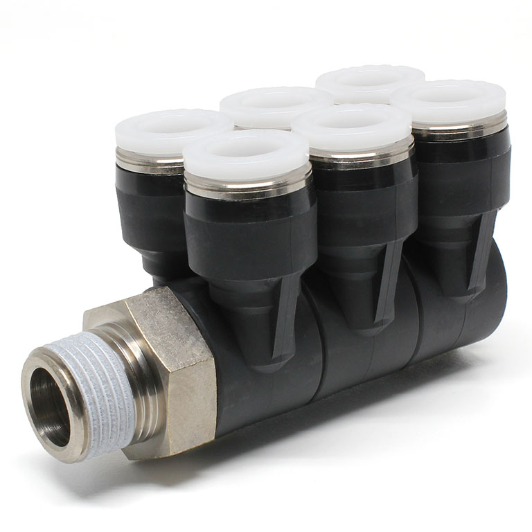 Đầu Nối Nhanh Khí Nén Sáu Nhánh Cong 90° Thân Lục Giác Trụ Ren Ngoài Pisco PAT3/8-03