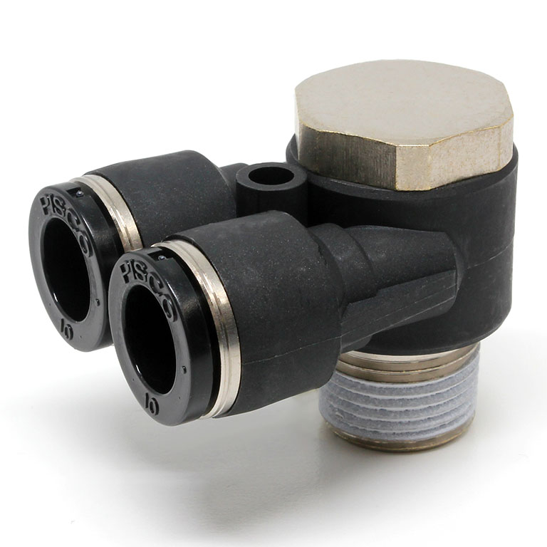 Đầu Nối Nhanh Khí Nén Hai Nhánh Cong 90° Đầu Lục Giác Trụ Ren Ngoài Pisco PA10-03
