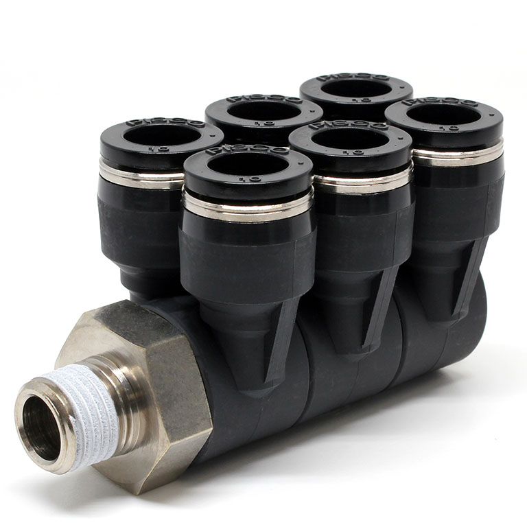 Đầu Nối Nhanh Khí Nén Sáu Nhánh Cong 90° Thân Lục Giác Trụ Ren Ngoài Pisco PAT10-02