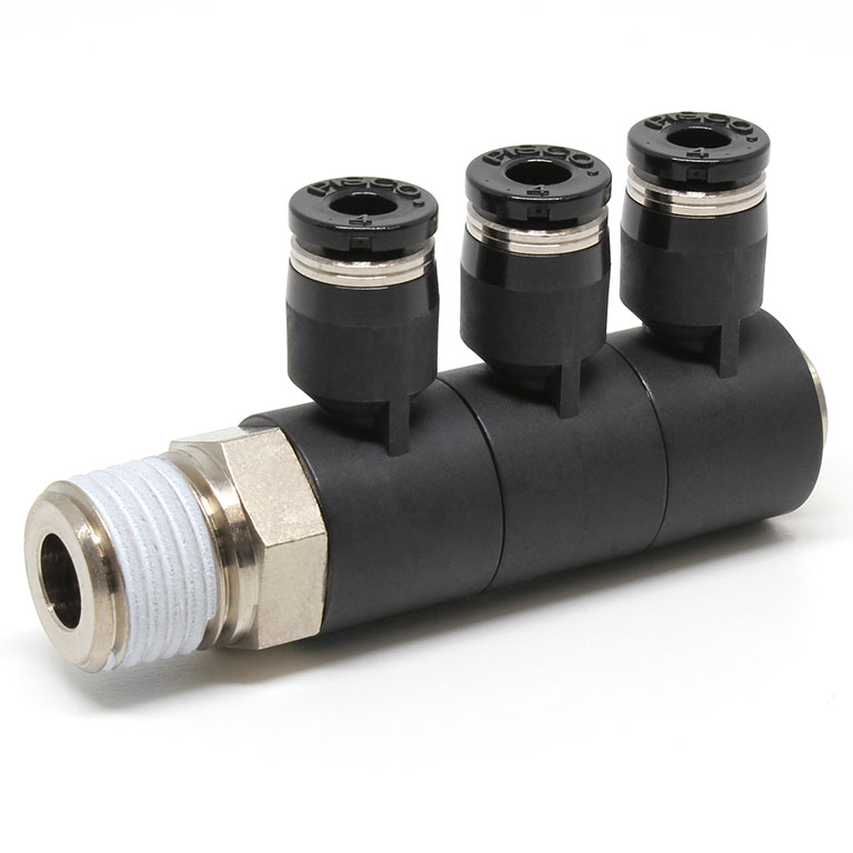 Đầu Nối Nhanh Khí Nén Ba Nhánh Cong 90° Thân Lục Giác Trụ Ren Ngoài Pisco PHT4-02