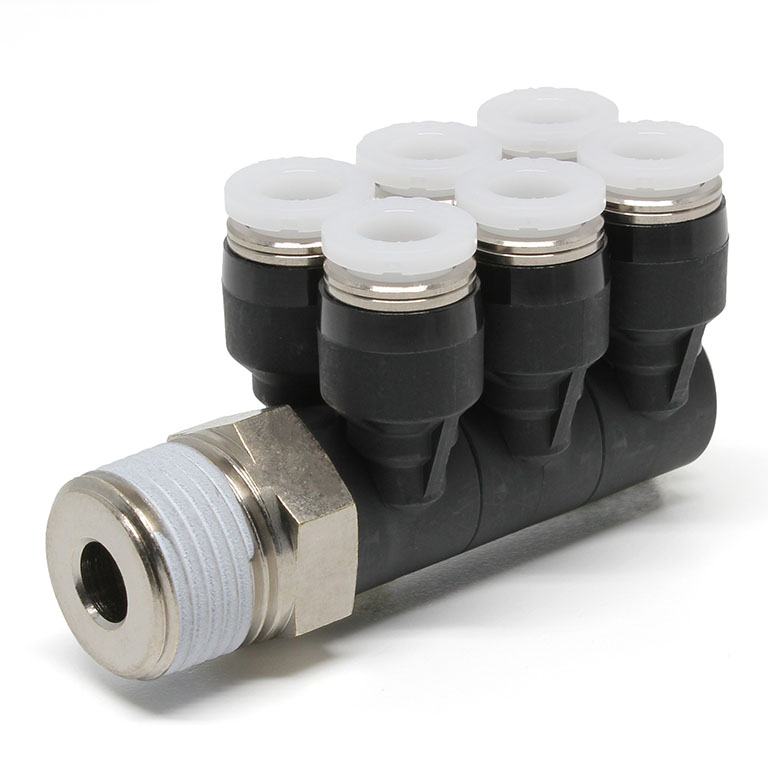 Đầu Nối Nhanh Khí Nén Sáu Nhánh Cong 90° Thân Lục Giác Trụ Ren Ngoài Pisco PAT1/4-N3U