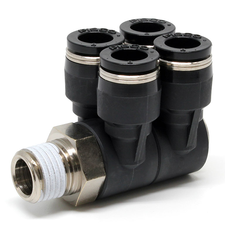 Đầu Nối Nhanh Khí Nén Bốn Nhánh Cong 90° Thân Lục Giác Trụ Ren Ngoài Pisco PAW8-02