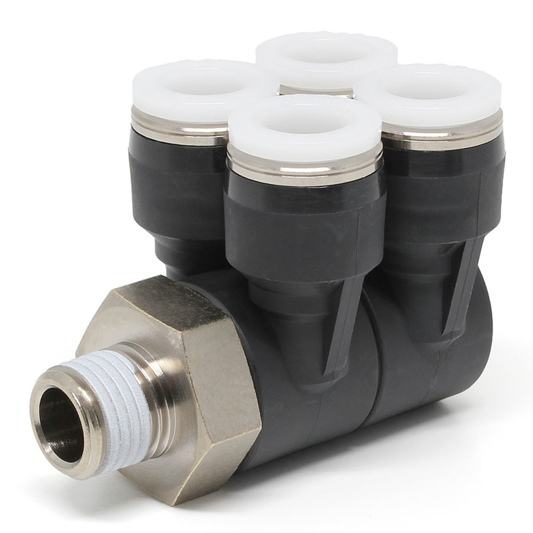 Đầu Nối Nhanh Khí Nén Bốn Nhánh Cong 90° Thân Lục Giác Trụ Ren Ngoài Pisco PAW3/8-02