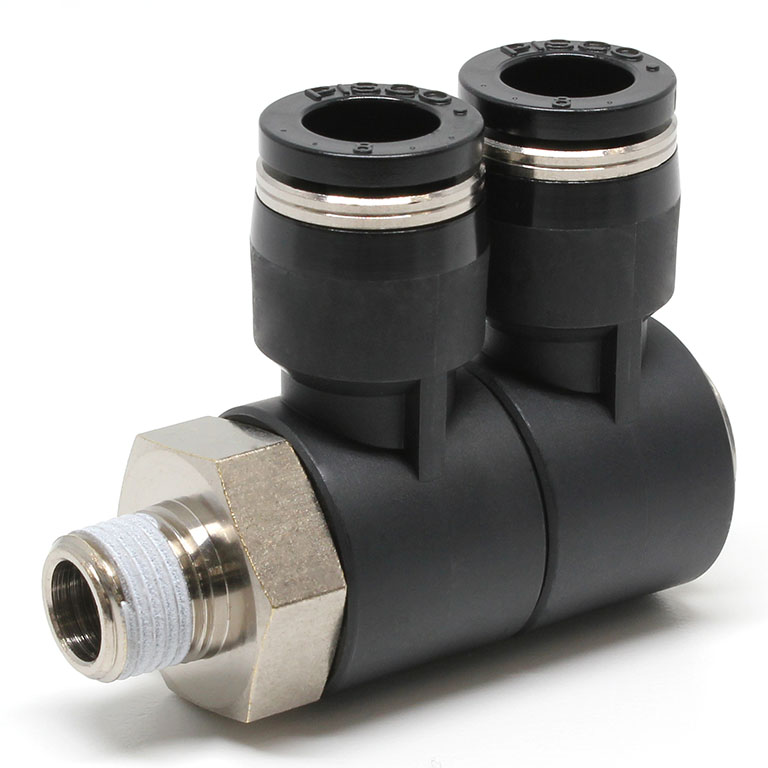 Đầu Nối Nhanh Khí Nén Hai Nhánh Cong 90° Thân Lục Giác Trụ Ren Ngoài Pisco PHW8-01