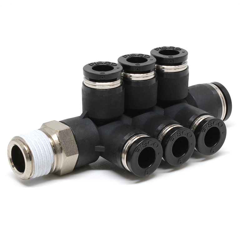 Đầu Nối Nhanh Khí Nén Dạng Chữ T Sáu Nhánh Ren Ngoài Pisco PKVD8-6-02W