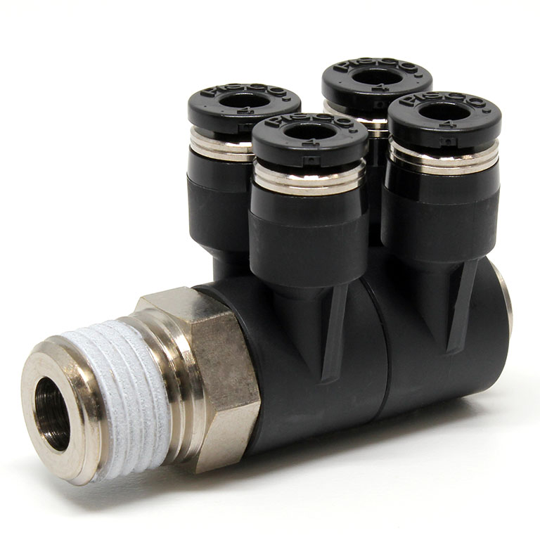 Đầu Nối Nhanh Khí Nén Bốn Nhánh Cong 90° Thân Lục Giác Trụ Ren Ngoài Pisco PAW4-02W