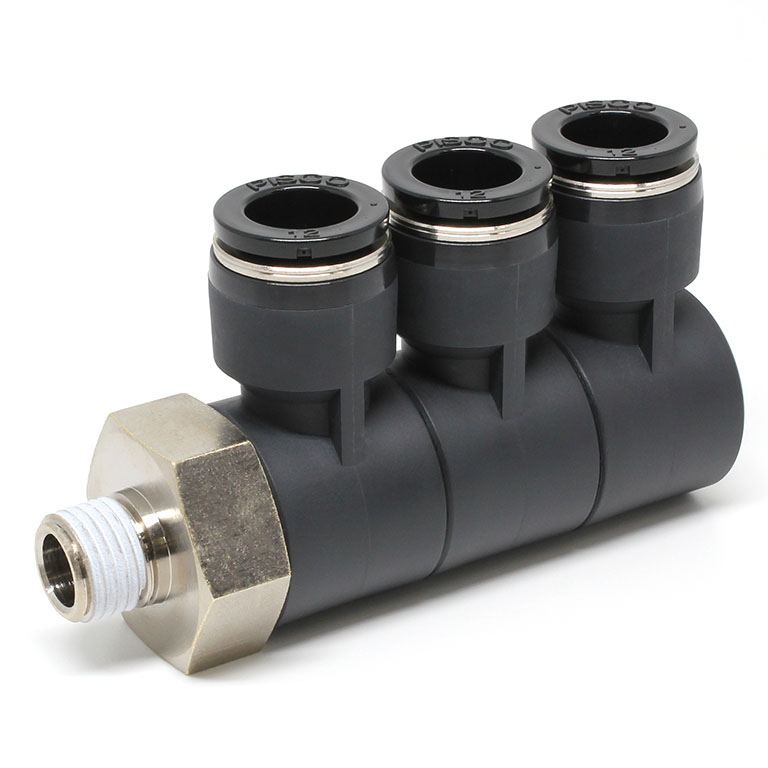 Đầu Nối Nhanh Khí Nén Ba Nhánh Cong 90° Thân Lục Giác Trụ Ren Ngoài Pisco PHT12-02