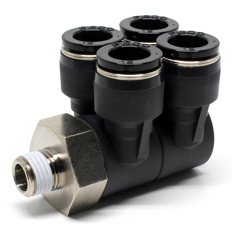 Đầu Nối Nhanh Khí Nén Bốn Nhánh Cong 90° Thân Lục Giác Trụ Ren Ngoài Pisco PAW12-02