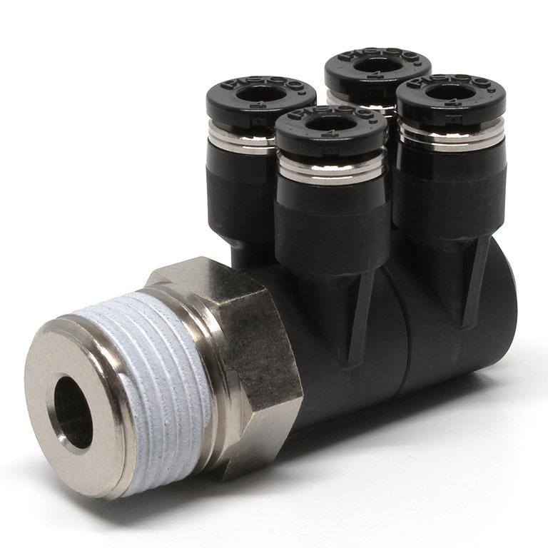 Đầu Nối Nhanh Khí Nén Bốn Nhánh Cong 90° Thân Lục Giác Trụ Ren Ngoài Pisco PAW4-03W