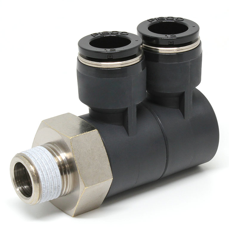 Đầu Nối Nhanh Khí Nén Hai Nhánh Cong 90° Thân Lục Giác Trụ Ren Ngoài Pisco PHW12-03