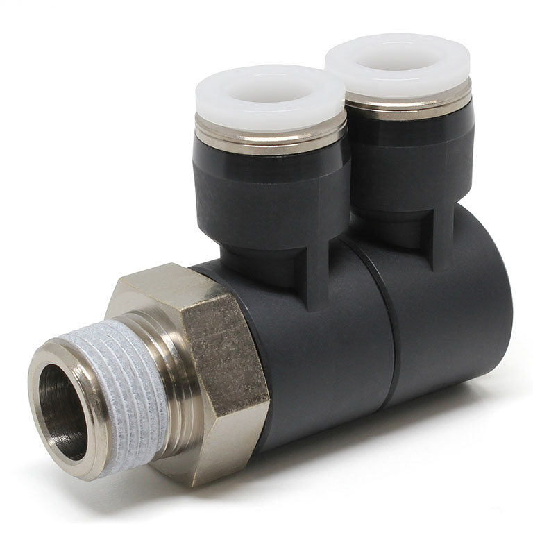 Đầu Nối Nhanh Khí Nén Hai Nhánh Cong 90° Thân Lục Giác Trụ Ren Ngoài Pisco PHW3/8-03