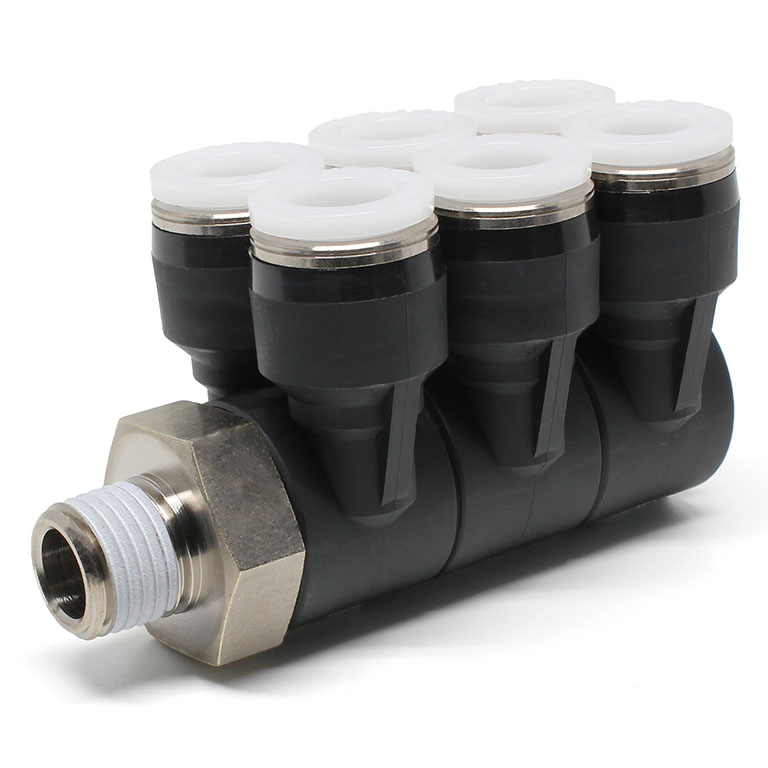 Đầu Nối Nhanh Khí Nén Sáu Nhánh Cong 90° Thân Lục Giác Trụ Ren Ngoài Pisco PAT3/8-02