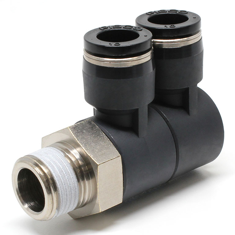 Đầu Nối Nhanh Khí Nén Hai Nhánh Cong 90° Thân Lục Giác Trụ Ren Ngoài Pisco PHW10-03