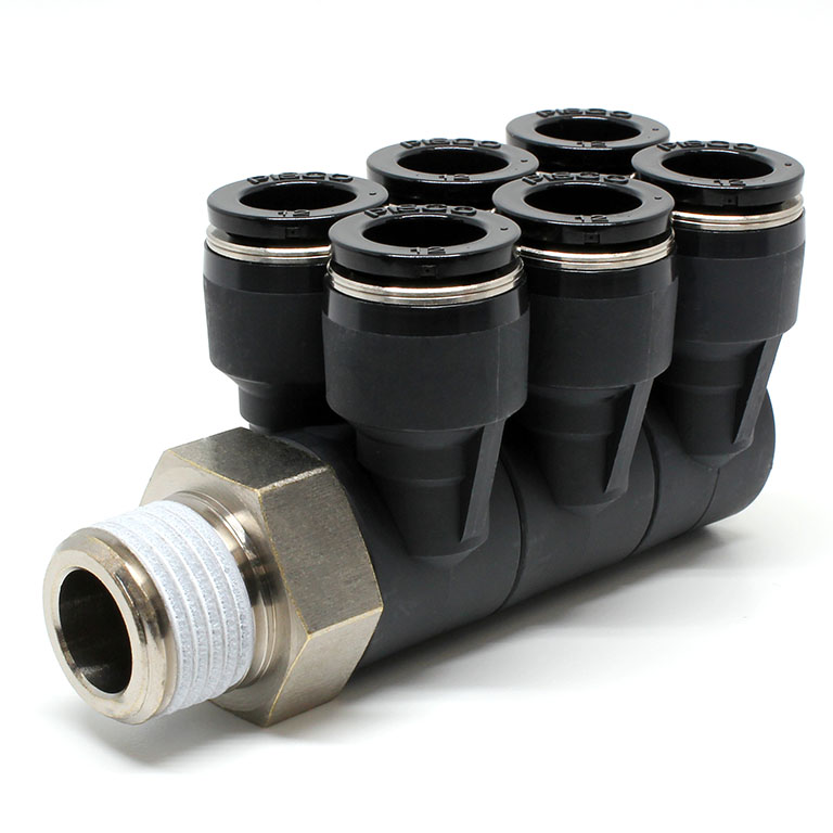 Đầu Nối Nhanh Khí Nén Sáu Nhánh Cong 90° Thân Lục Giác Trụ Ren Ngoài Pisco PAT12-04-C